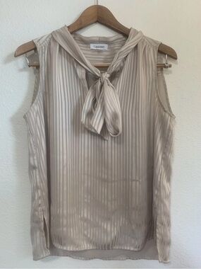 Calvin Klein Sleeveless Tie-Neck Camisole in Light Taupe Stripe